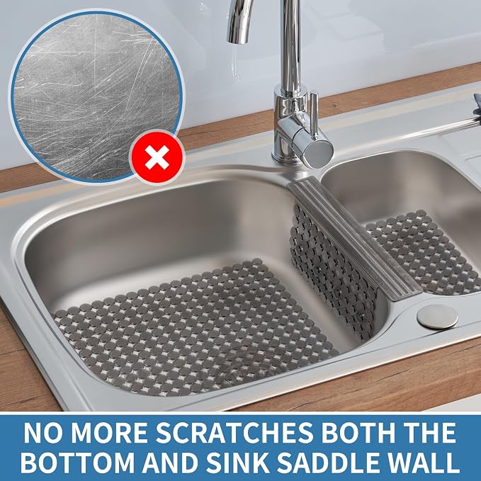 Bligli Plastic Sink Saddle, Sink Divider Mat with Strong Suction Cups, Kitchen Divided Sink Protector Mat for Glassware Dishes, Easy to Clean and No Smell, 9.5" x 12", Translucent Grey