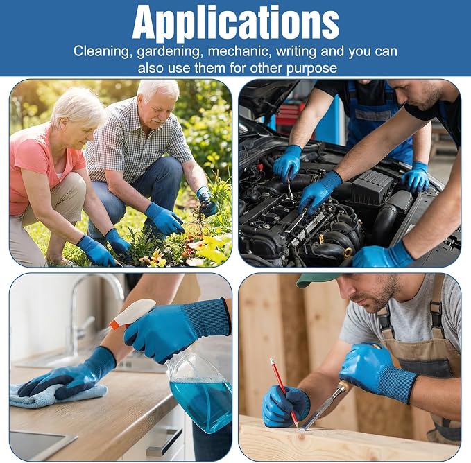 12 Pairs Waterproof Work Gloves Bulk, Safety Work Gloves for Men and Women, Double Coated Latex Non-Slip Grip, Durable for Gardening, Construction, Car Cleaning and Outdoor Activities (Blue)