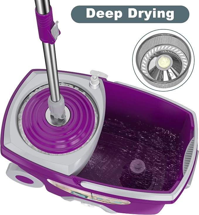 Traditional Large Spin Mop and Bucket, 2 Gal Capacity, Purple | 2 Rolling Wheels, Pull Handle, 61-Inch Handle, 6 Mop Heads, Easy Wringing, For Family Homes, Hardwood, Laminate & Tile Floors