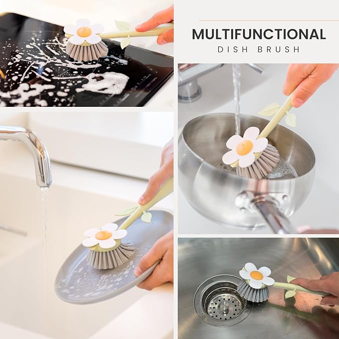Vigar Florganic Dish Brush with Holder, Dish Scrubber, Orange | Dish Scrubber With Handle, Pot Scrubber, Kitchen Scrub Brush, Dishwashing Brush Tool for Sink Cleaning