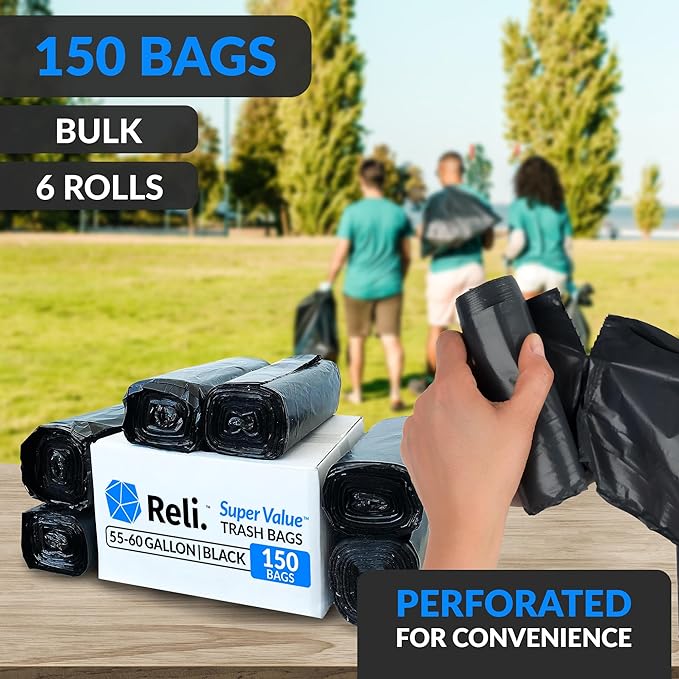 Reli. 55-60 Gallon Trash Bags Heavy Duty | 150 Trash Bags, Twist Ties | Black, Serious Garbage Cleanup | Large Garbage Bags with Twist Ties, Made in USA | SuperValue
