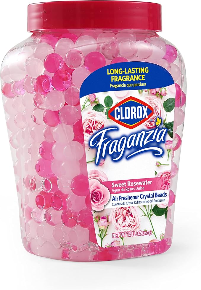 Clorox Fraganzia Crystal Beads Air Freshener, Sweet Rosewater, 12 Oz, 2-Pk | Gel bead formula, long-lasting scent, no spray or mess, home car and office use