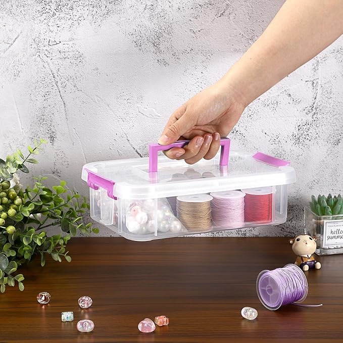 BTSKY Clear Plastic Storage Box, Portable Organizer Container Purple Handle | Stackable Storage Bin for Office Home, Multi-Use Container Box with Lid for Stationery Jewelry Craft Sewing Supplies