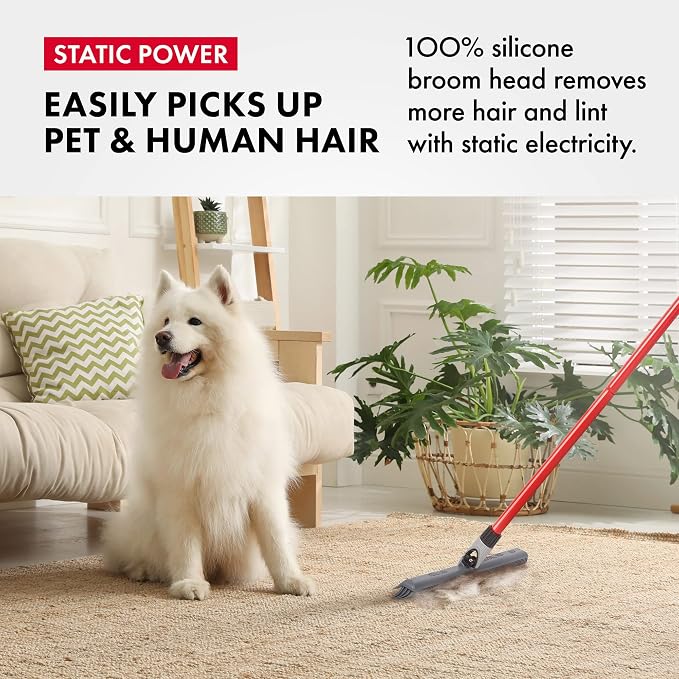 2-in-1 Silicone Rubber Broom Carpet Rake and Squeegee - Swivel Pet Hair Removal Broom - 1 Piece Long Handle - Slanted Side Bristles for Corners - Multipurpose Broom for Carpet, Hardwood Floor, Tile