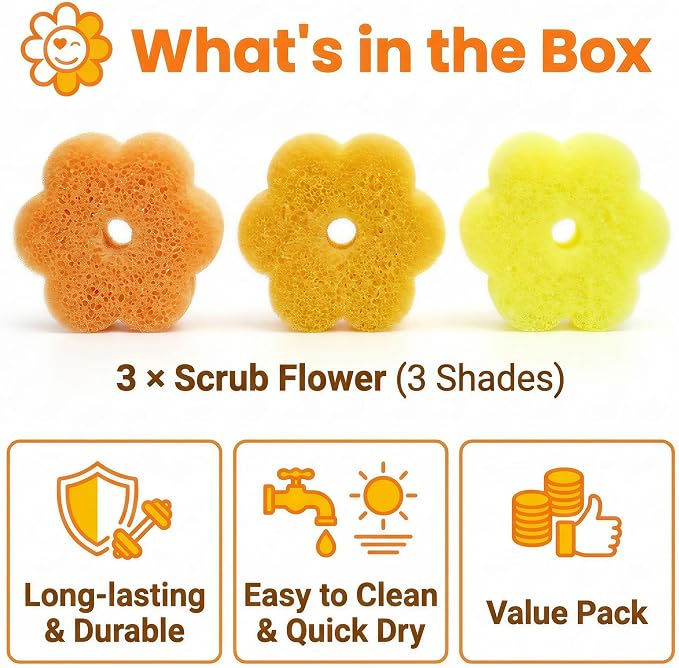 Scrub Flower Temperature Sensitive Sponges, Golden Sunflower | Firm when cold and soft when warm, these odor-resistant scrubbers clean dishes, kitchen surfaces and more.