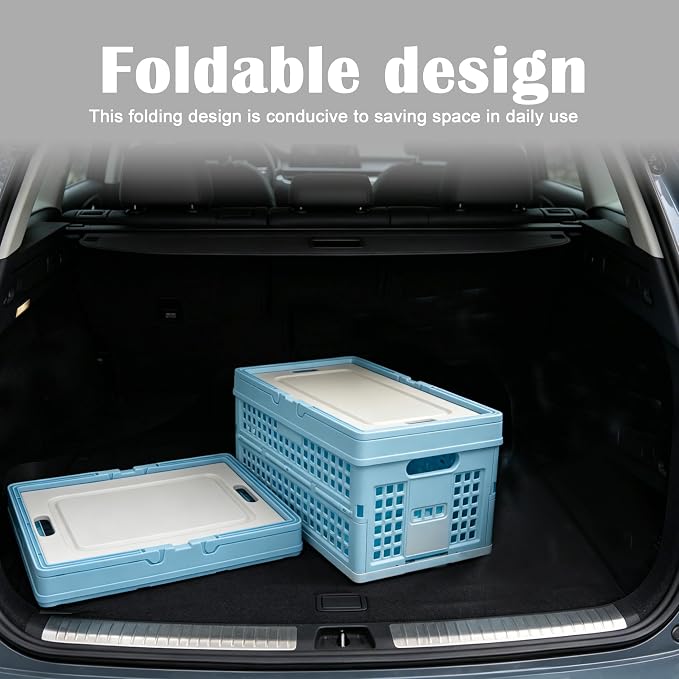 Foldable Small Plastic Baskets with Lids and Handles for Organizing,Collapsible Storage Crates, Stackable Bins for Home Kitchen Bedroom Bathroom Office (Blue, 14 * 10 * 7)