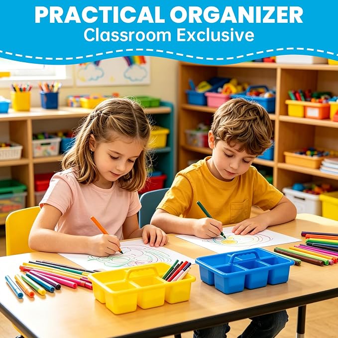 8 PCS Classroom Caddy, Supply Cleaning Caddy for Classroom, 8”×5.7”×3” | Plastic Caddy Organizer with Handle, 5 Compartment Small Portable Storage Bin for Classrooms, Office, Assorted Colors