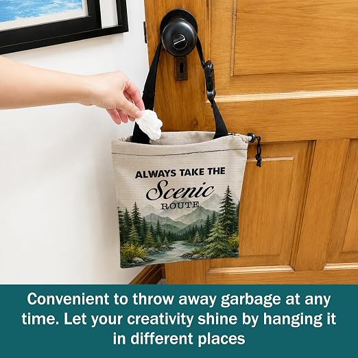 Nature Landscape Scenic Car Trash Bag Hanging for Back Seat | Camping Camper Hiking Gifts Canvas Drawstring Car Garbage Bag with Adjustable Buckle Vehicle Trash Can