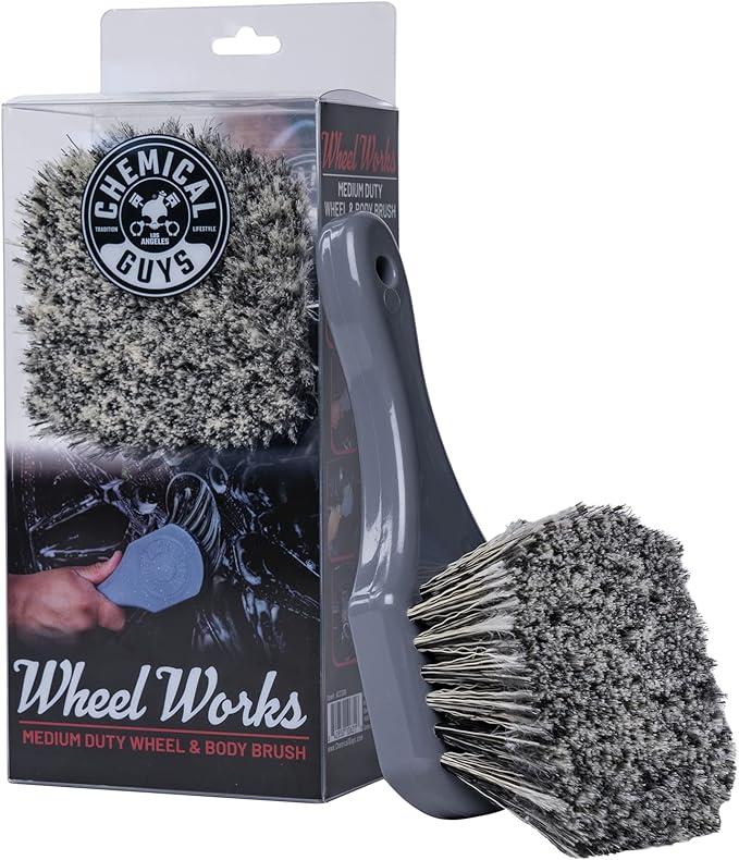 Chemical Guys, Wheel Works Medium Duty Wheel & Body Detailing Brush, Gray | Soft, scratch-free bristles clean wheels, bodywork, bumpers and tight areas, with a long comfortable handle