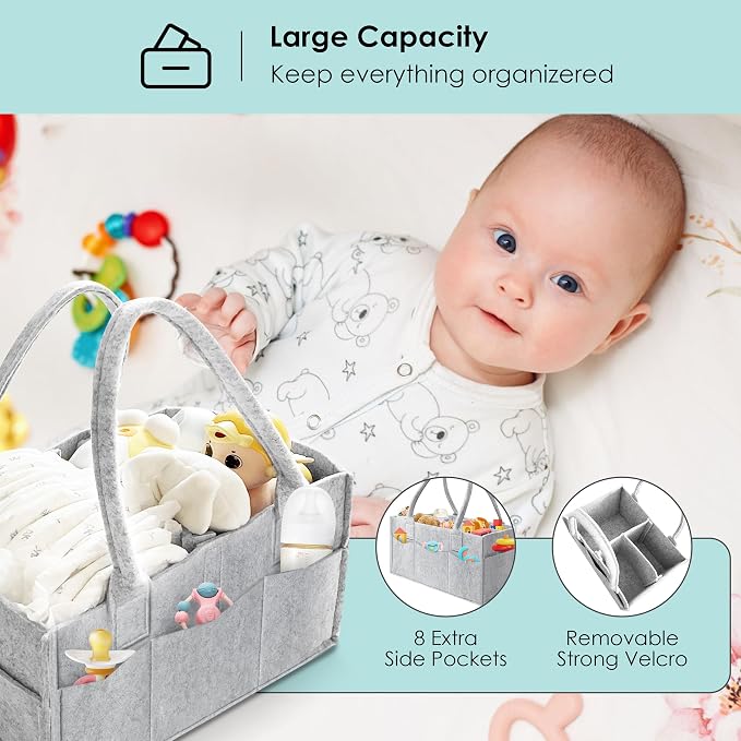 HIPHOP PANDA 2-Pack Diaper Caddy Organizer - Nursery Storage Bin & Car Organizer for Diapers, Wipes, and Baby Essentials - Dual-Color Solid Set (Grey/Green), Regular Size