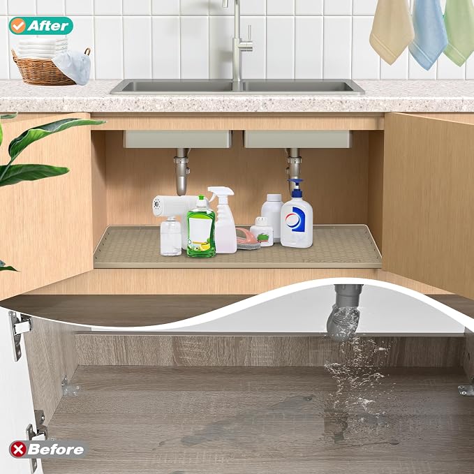 Silicone Under Sink Mat, 28"x19", Waterproof Cabinet Liner, Brown | Shelf Liner, Cabinet Protector, Home Organizer, for Kitchen, Bathroom, Multipurpose, Leak Proof, Easy Clean, Drip Tray, Clean