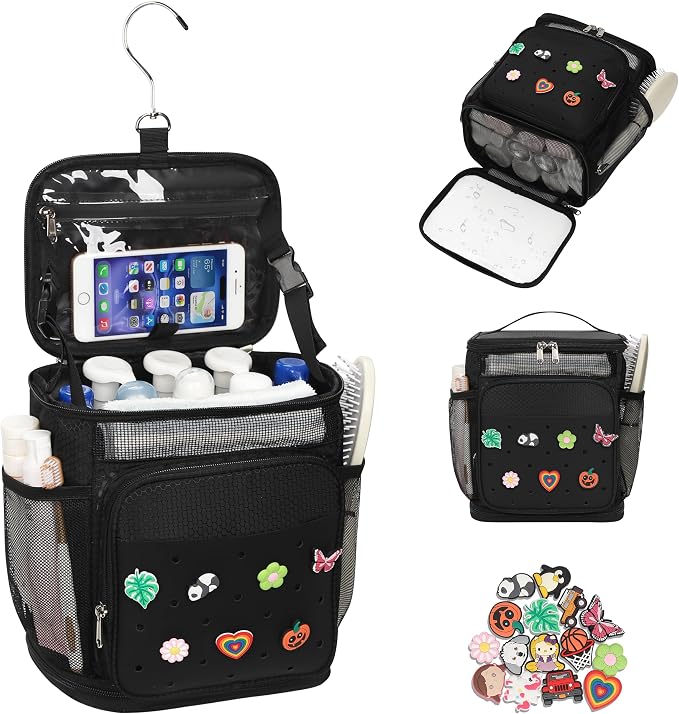 Shower Caddy Portable, Hanging Shower Caddy for College Dorm Room Essentials, Mesh Shower Bag with DIY Decoration Charms, Large Capacity Toiletry Bag for Gym, Swiming, Camping, Bathroom, Beach, Travel