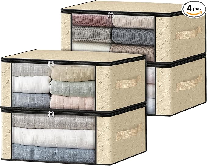 HomeHacks 4-Pack Clothes Organizer Storage Bags, 35L Storage Bins, Beige | Foldable Storage Box Container with Zippers, Clear Window, Reinforced Handles for Closet, Dorm, Pillows, Bedding, Sweater