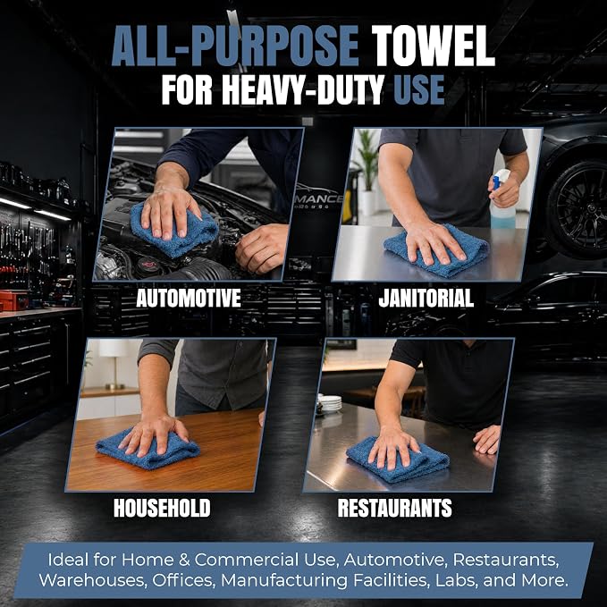 Premium Blue 100% Cotton Shop Towels, 12 Pack, 13”x14”, Reusable Cleaning Shop Rags, Absorbent Mechanic Rags for Automobiles, Oil, Grease, Car Washing, Industries, Garage, Bar & Home Use