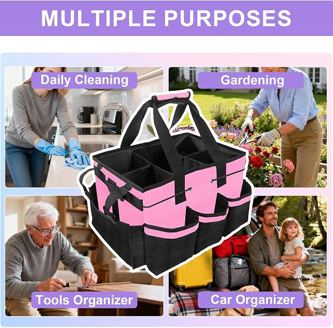 Cleaning Caddy Bag Heavy-Duty Organizer Tote for Housekeepers, Janitors & Home Cleaning Supplies with Adjustable Shoulder Strap & Multiple Pockets (Pink)
