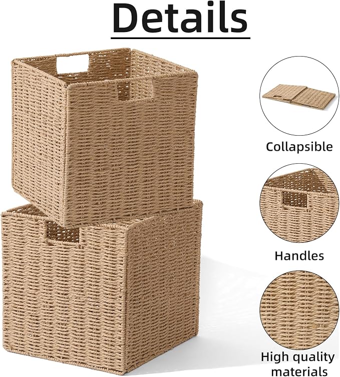 12x12x12in Wicker Storage Baskets for Shelves, Set of 2 Hand-Woven Paper Rope Wicker Basket,Foldable Cube Storage Bins, Natural Color Storage Cubes, Square Baskets for Organizing Decor