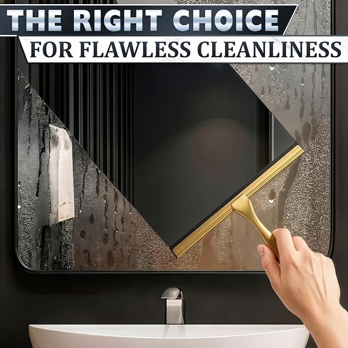 Stainless Steel Shower Squeegee, Glass, Silicone, 10 Inch (Gold) | Shower Door Squeegee with Silicone Blade, Adhesive & Hanging Hooks for Mirror, Tile, Window, Car, Multi-Surface Everyday Use