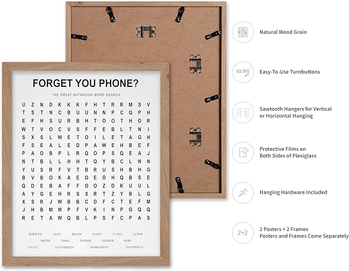 Poster Master 2-Piece Forget Your Phone Print - The Great Bathroom Word & Way Search Poster - Guest Bath Decor - Black & White Design - Powder Room Decor - Fun Restroom Sign - 8x10 Beige Framed