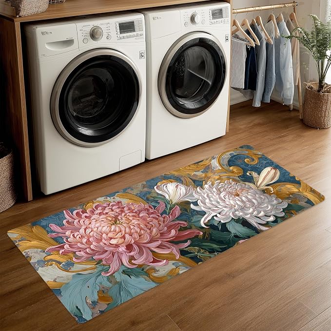 ANNA QUEEN Vintage Chrysanthemum Laundry Room Rug Runner 20x47 Inch - Waterproof Non-Slip Floor Mat for Front Load Washer Dryer, Burgundy Floral Farmhouse Decor, Machine Washable