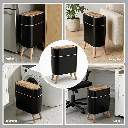 suyika Automatic Trash Can, 2.6 Gallon/10L Bathroom Trash Can with Lid | Wood Grain Lid and Legs, Touchless Waterproof Garbage Bin for Bedroom, Bathroom, Office, Living Room