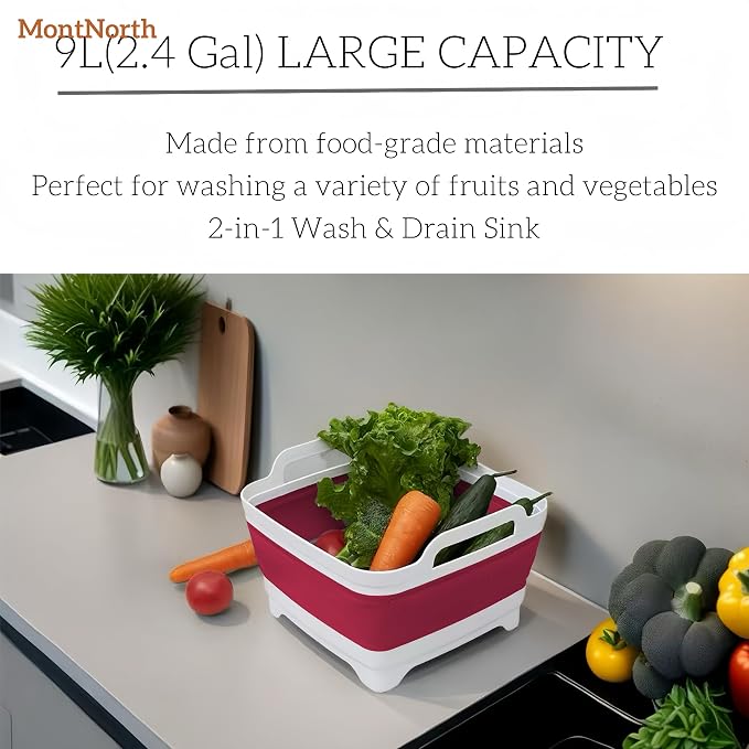 Collapsible Wash Basin 9L, Foldable Dish Tub with Drain Plug, Portable Collapsible Dish Basin, Camping Sink for Washing Dishes, Laundry & Kitchen Use (Viva Magenta)