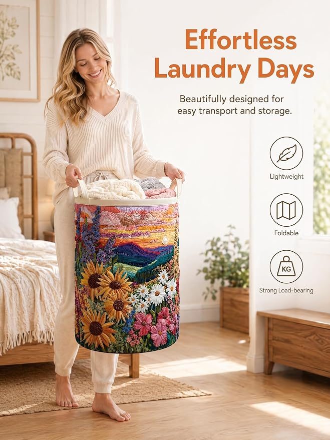 Quilted Laundry Basket with Handles, Boho Floral Quilted Storage Hamper, Large Capacity Laundry Hamper for Nursery Bedroom Laundry Room Home Decor (Pattern 02, Large (28"H x 20"W x 20"L))