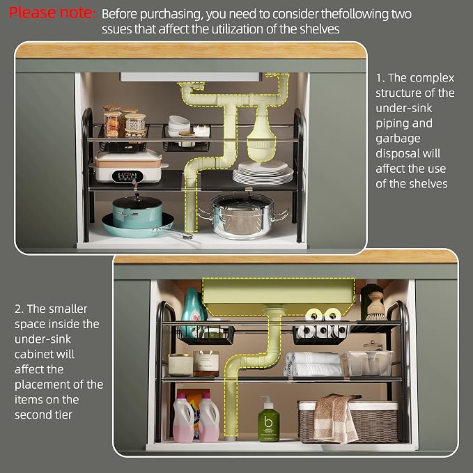 Under Sink Organizers and Storage,Expandable under cabinet organizer Shelf | 2 tier expandable shelf for kitchen,bathroom,6 Removable ABS Panels and 2 Baskets,Adjustable partition height,20.7-32.3" W