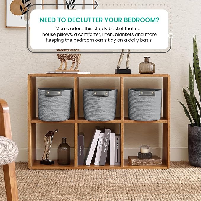 3 Pack Woven Cotton Rope Storage Basket, 15x10x9, Gray | Faux Leather Handles; Decorative Closet Shelf Organizer; Ideal for Storage & Organization