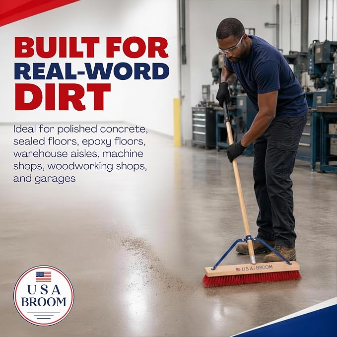 4-Pack - 24" Soft Sweep Indoor Push Broom with 60" Handle. Ideal for Epoxy & Polished Floors. Durable American Made Steel Brackets-Stainless Steel Hardware. No Plastic. 100% USA Made