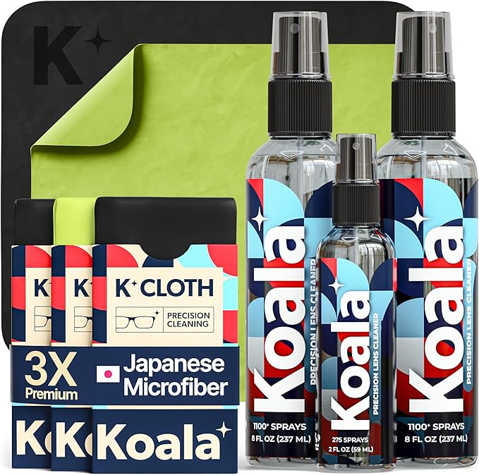 Koala Eyeglass Lens Cleaner Spray Kit | Japanese Microfiber (6 Piece Set) | (2x) 8oz + (1x) 2oz Glasses Cleaner Bottle + (3x) Microfiber Cloth | Alcohol Free Eyeglasses, Screen, and Camera Cleaning Kit