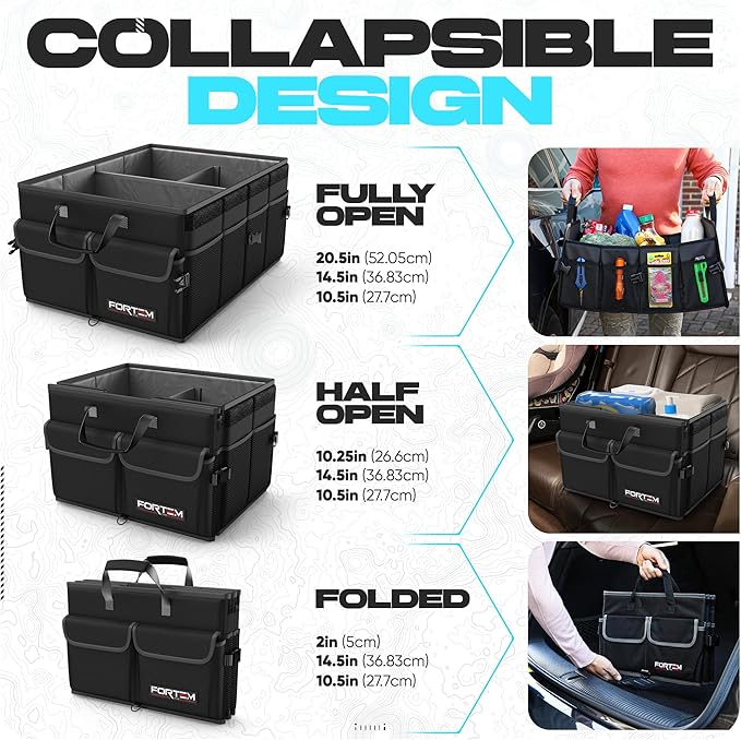 FORTEM Trunk Organizer - Foldable Car Organizer & Storage for SUVs & Trucks | Car Accessories for Men Women, Collapsible Bag, Non Slip Bottom, Straps, Soft Cover, 600D Oxford, Black, 3 Compartments, 50L