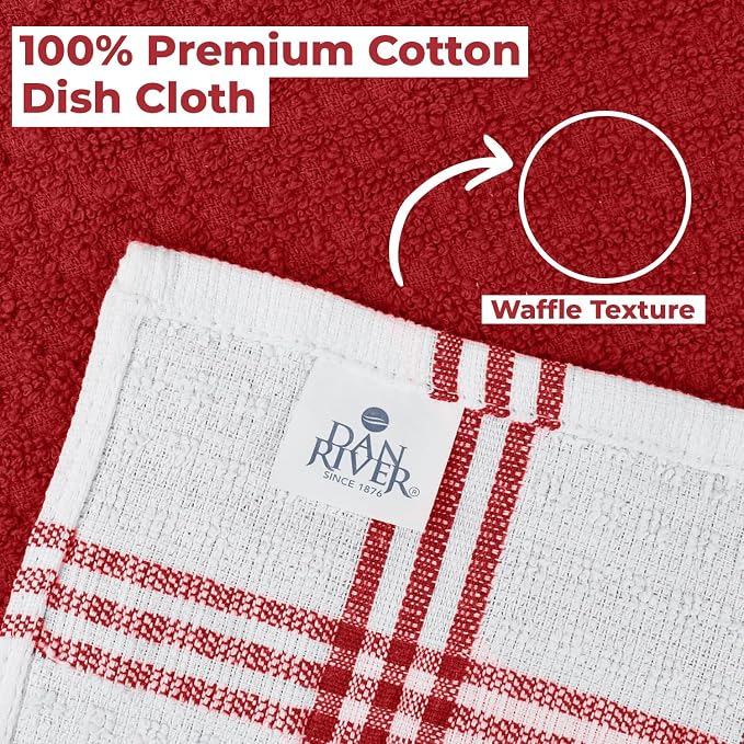 DAN RIVER Premium Dish Cloth 100% Cotton 12X12 Inches |Pack of 8|-Red | Terry Kitchen Towels Ultra Soft Tea Towels-Highly Absorbent Kitchen Rags-Terry Dishcloth for Kitchen and Household Cleaning