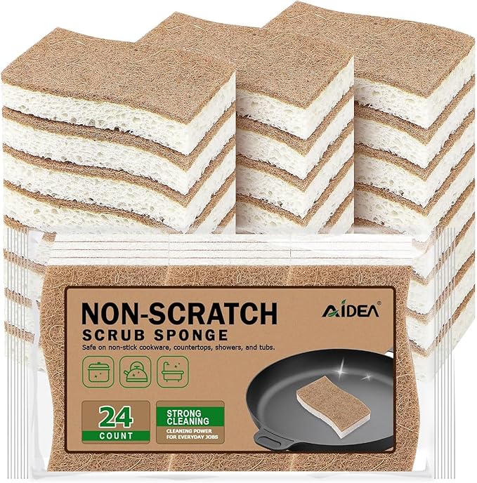 AIDEA Sponges Non Scratch, 24Count, Natural Sponge for Non Stick Cookware | Sponges Kitchen, Cellulose Scrub Sponge for Dishes, Cleaning Power for Kitchen, Bathroom, Household