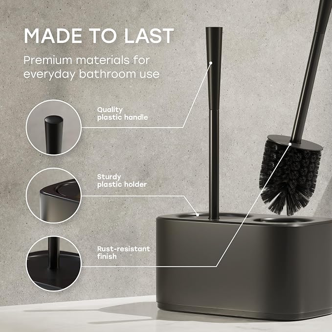 2-in-1 Toilet Plunger and Bowl Brush Set for Bathroom – Black | Freestanding toilet bowl brush and plunger set with a plastic caddy & sturdy steel handles in matte black