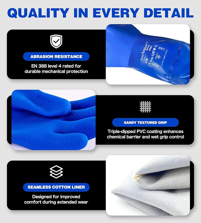 AnTools 25" Heavy-Duty PVC Chemical Gloves, Waterproof Long-Sleeve Work Gloves with Cotton Liner and Non-Slip Grip, for Lab, Pool Cleaning, Oil, and Industrial Work, Blue, Medium