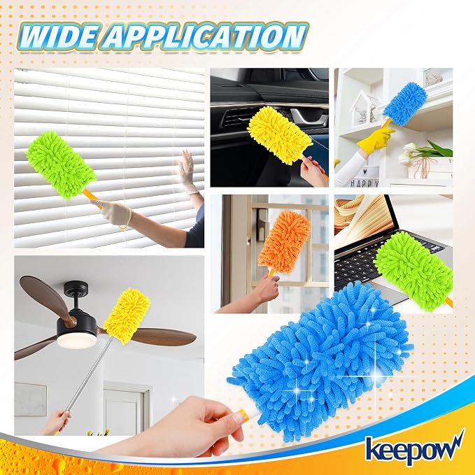 KEEPOW 4Pk Duster Refills Compatible with Swiffer, 360° Microfiber Refill | Reusable Microfiber Dusters in Blue, Yellow, Orange & Green, 360° Heavy Duty Refills Compatible with Swiffer, 4 Pack