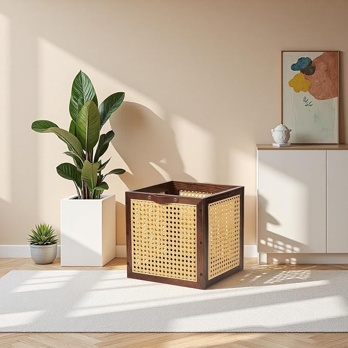 2PCS Rattan Storage Cubes Decorative Handmade Wooden Basket Box | Clothes Container Closet Shelf Organizer, Books Magazine Holder, Solid Wood Woven Wicker Cane Bins, Natural Bohemian, Walnut