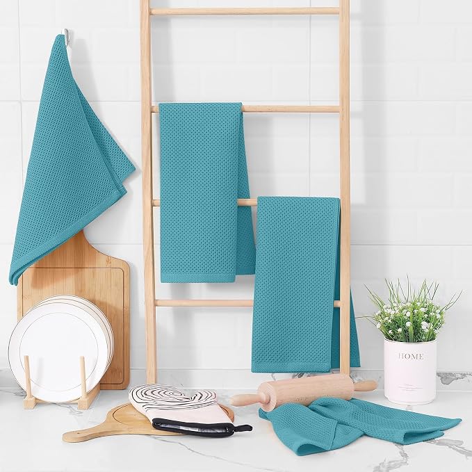 Homaxy 100% Cotton Waffle Weave Kitchen Dish Towels 18-Pack, Lake Blue | 13 x 28 Inches, Ultra Soft Absorbent Dish Towels, Quick Drying Cleaning Towels