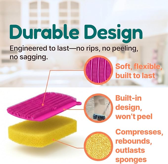 3-in-1 Silicone Scrubber Sponge with Squeegee – Non-Scratch Kitchen Sponge for Dishes, Sink & Bathroom, Quick-Dry, Reusable Cleaning Tool (Pink+Yellow)