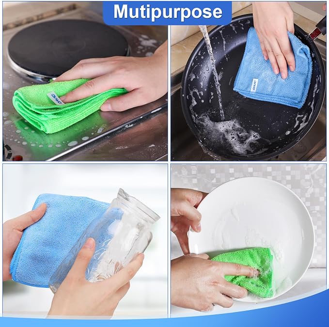 Microfiber Cleaning Cloth, 12Pcs, 12" x 12", High Density, 4 Colors | Household Cleaning Rags, 293GSM, Ultra Absorbent, Reusable Cleaning Supplies for Kitchen Towels, Glass Dish Cloths, Dust Rag