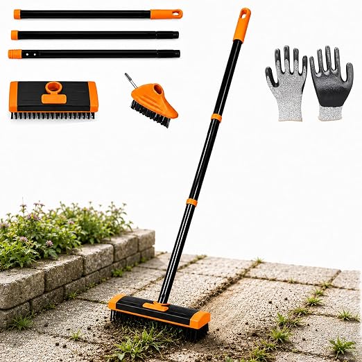 3-in-1 Weed Brush Set with Long Handle for Patio & Driveway (Orange,2pcs) | Includes a floor scrub brush, gap cleaning brush and metal weeding hook for cleaning patios, concrete, decks and driveways.