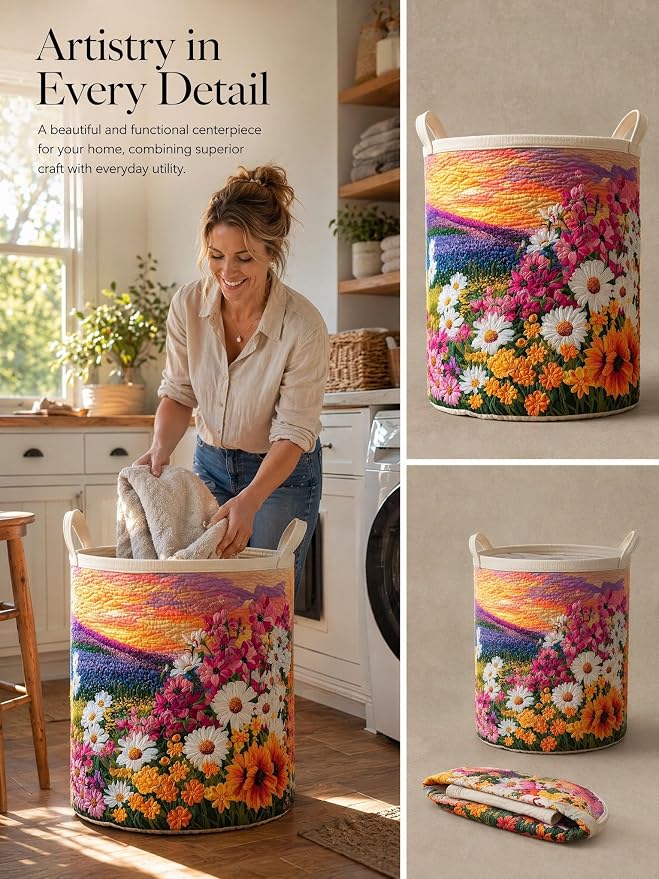 Quilted Laundry Basket with Handles, Boho Floral Quilted Storage Hamper, Large Capacity Laundry Hamper for Nursery Bedroom Laundry Room Home Decor (Pattern 01, Small (18"H x 14"W x 14"L))