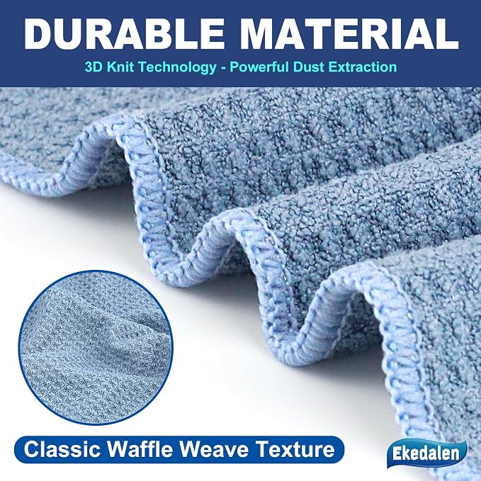 Microfiber Cleaning Cloth Lint Free Glass Polish, Blue | Waffle Weave Kitchen Towels, Quick Dry, Streak Free, Dust Rags for Household, 12 x12 in, 6 Pcak