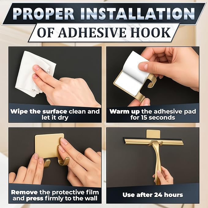 Stainless Steel Shower Squeegee, Glass, Silicone, 10 Inch (Gold) | Shower Door Squeegee with Silicone Blade, Adhesive & Hanging Hooks for Mirror, Tile, Window, Car, Multi-Surface Everyday Use