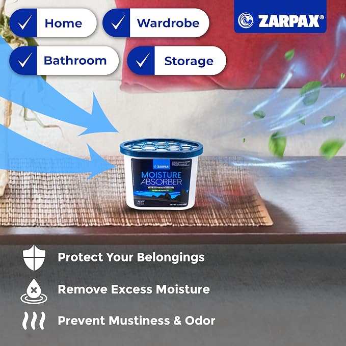 ZARPAX Moisture Absorber Activated Charcoal 10.5 oz/300g | Removes Moisture, Damp, Humidity & Odors | Odor Absorber | Moisture Trap for Bathroom, Closet, Kitchen & Small Spaces | Set of 15