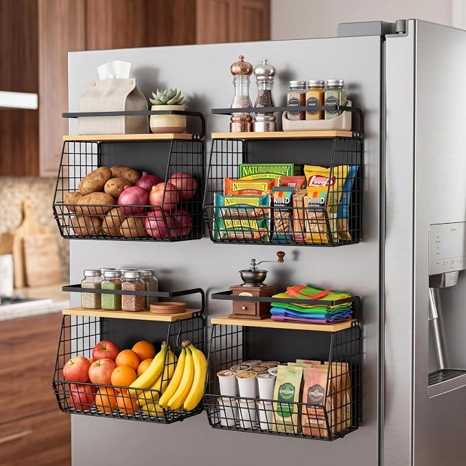 Magnetic Shelf for Fridge with Wood Lid, Fruit Potato and Onion Storage Bins, Pantry Organizers & Storage, Large Container Magnetic Spice Rack for Refrigerator, Kitchen Counter (Black, 1)