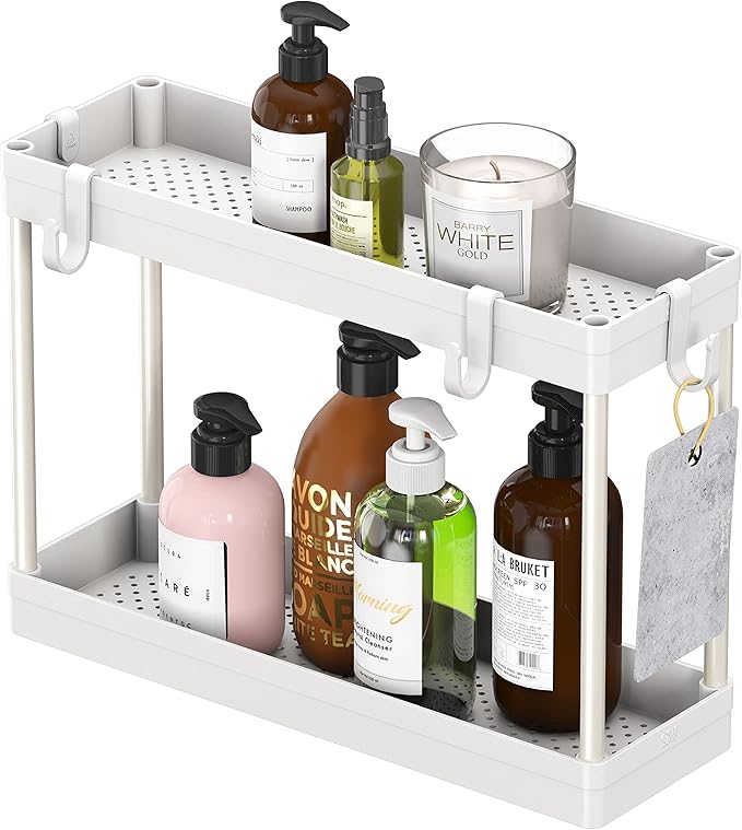 Simple Houseware 2-Tier Under Sink Organizer Storage Tray with Hooks, White