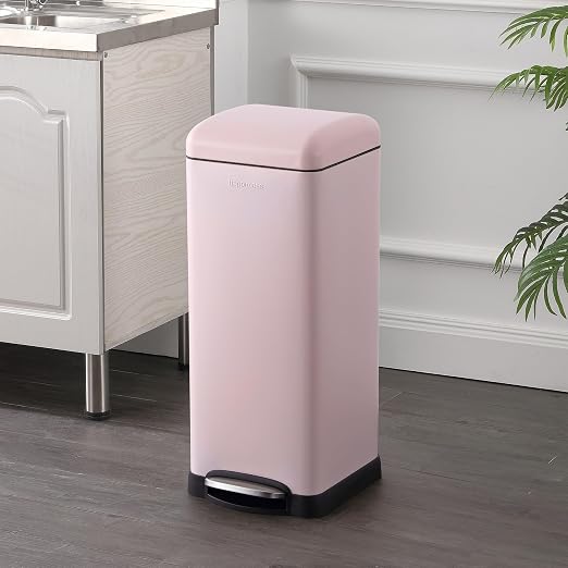 happimess Betty 8 Gal Step Trash Can Soft-Close Lid, Blush Pink | Removable Liner, Semi-Rectangular, Steel Pedal, Iron Powder Coated, 27" Height, Non-Skid Base