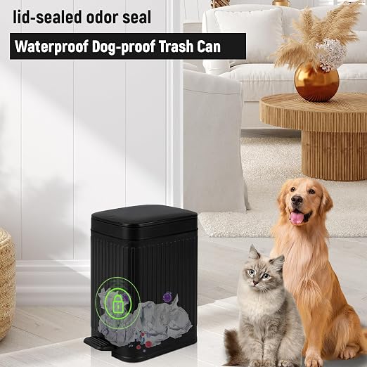 Small Bathroom Trash Can with Lid, 1.9 Gallon Slim Soft Close Step, Black | Garbage Can with Pedal for Office, Bedroom, Kitchen & Living Room, Narrow Plastic Wastebasket Container for Small Spaces