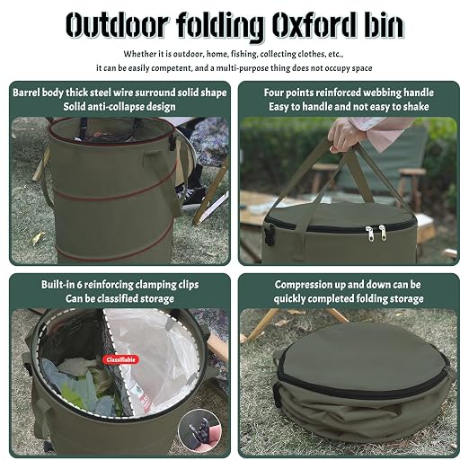 Pop up Camping Trash can,24 Gallon Collapsible Garden can with lid(Green) | Reusable Lawn and Leaf Bag with Sorting Clips,Heavy Duty 600D Oxford Fabric,Garden Garbage Yard Waste Bags for Outdoor Indoor
